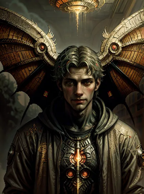 a man with wings and a halo above his head