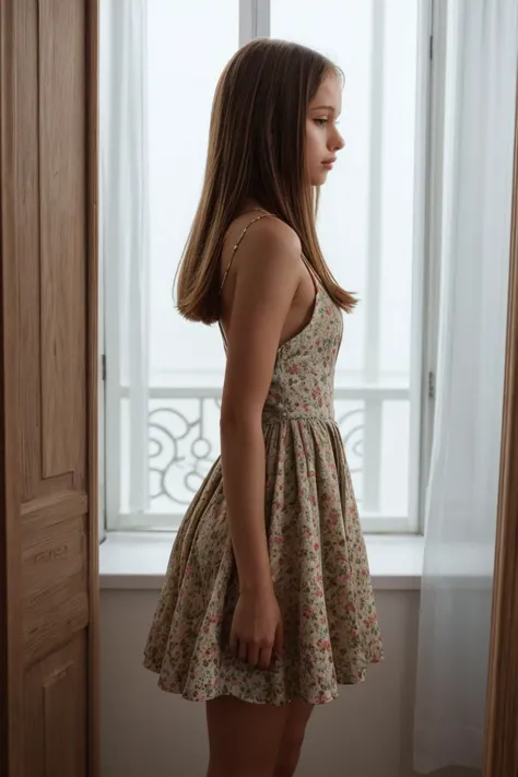 a woman standing in front of a window looking out a window