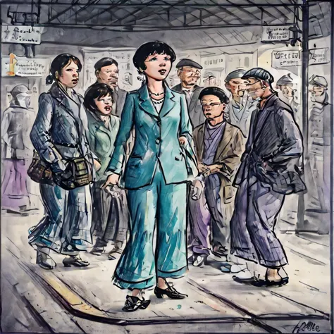 a painting of a woman in a suit and hat standing in a crowd