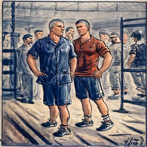 painting of two men standing in a boxing ring with a crowd of people