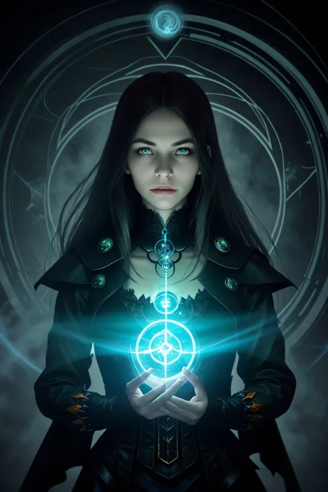 realistic photo of <lora:EvelinAndras_v1:.9> EvelinAndras, Style-GravityMagic, portrait, solo, half shot, looking down, detailed background, detailed face, (victorian theme:1.1), (glowing eyes:1.05), dilated pupils, necromancer, summoner clothes, channeling, movement, summoning circle, evil runes, dark essence, floating particles, blue swirling necrotic energy, calling forth forbidden power, eerie papers in background, updraft, mist, ethereal atmosphere,