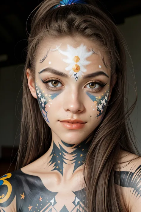 realistic photo of <lora:EvelinAndras_v1:.9> EvelinAndras, close up on face, focus on eyes, (astrology face paint:1.2)