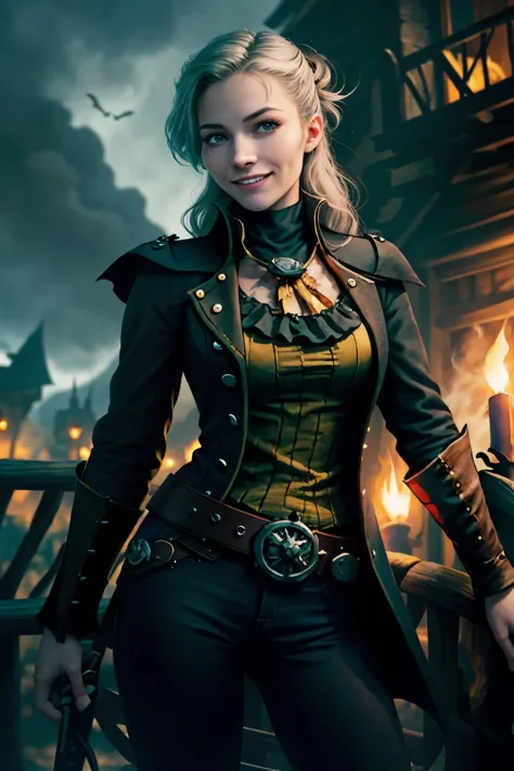 a woman in a steampunk outfit standing in front of a building