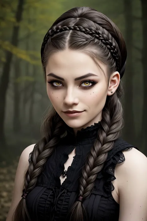 gothic rendition of, dark, macabre, highly detailed, brooding <lora:EvelinAndras_v1:.9> EvelinAndras, focus on eyes, close up on face, grinning, hair styled braided headband