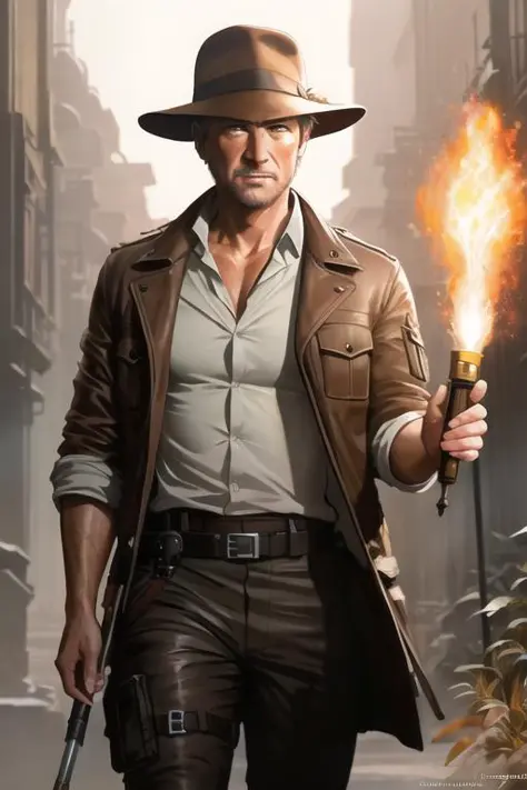 (extremely detailed CG unity 8k wallpaper), full shot body photo of the most beautiful artwork of indiana jones holding a torch,...