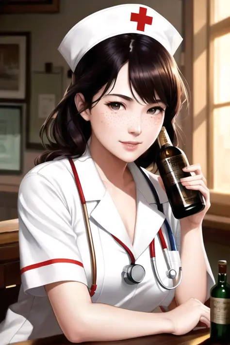 full shot body photo of the most beautiful artwork in the world featuring ww2 nurse holding a liquor bottle sitting on a desk nearby, smiling, freckles, white outfit, nostalgia, sexy, stethoscope, heart professional majestic oil painting by Ed Blinkey, Atey Ghailan, Studio Ghibli, by Jeremy Mann, Greg Manchess, Antonio Moro, trending on ArtStation, trending on CGSociety, Intricate, High Detail, Sharp focus, dramatic, photorealistic painting art by midjourney and greg rutkowski