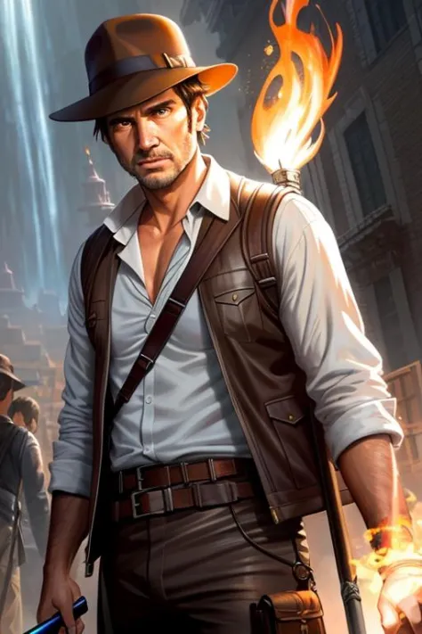 (extremely detailed CG unity 8k wallpaper), full shot body photo of the most beautiful artwork of indiana jones holding a torch, torn jacket, nostalgia professional majestic oil painting by Ed Blinkey, Atey Ghailan, Studio Ghibli, by Jeremy Mann, Greg Manchess, Antonio Moro, trending on ArtStation, trending on CGSociety, Intricate, High Detail, Sharp focus, dramatic, photorealistic painting art by midjourney and greg rutkowski