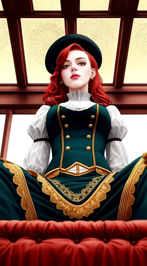 tiktok girl, (from_below:1.3) (sitting:1.2) redhead , tophat , victorian era , yellow lace_trim,straps , intricate military unif...