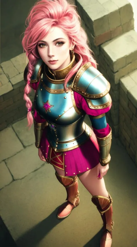 tiktok girl, (from_above:1.3) (standing:1.2) pink_hair , locks , 70s era , brown straps,fabric , intricate knights armor , (in z...