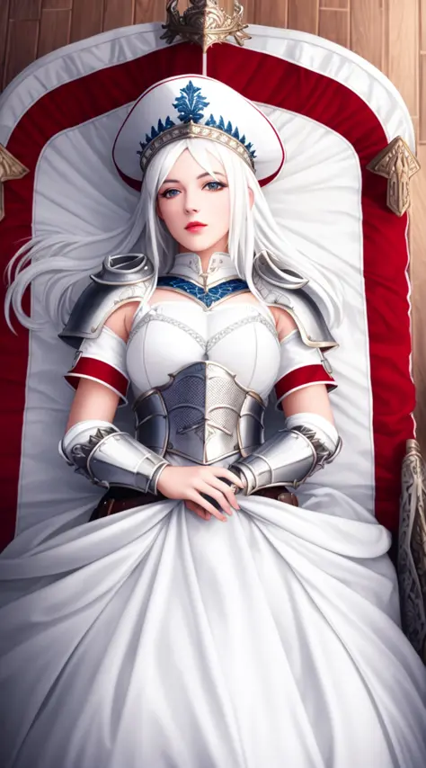 tiktok girl, (from_above:1.3) (lying:1.2) white_hair , baseball_hat , 2000s , white plaid,fabric , intricate knights armor , in ...