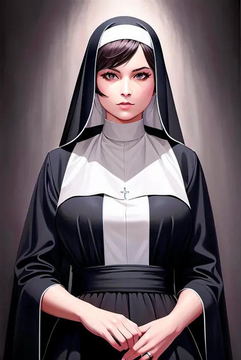 masterpiece, best quality, high resolution, wallpaper, 8k, loading screen, intricate detail, nun, large breasts, stern expressio...