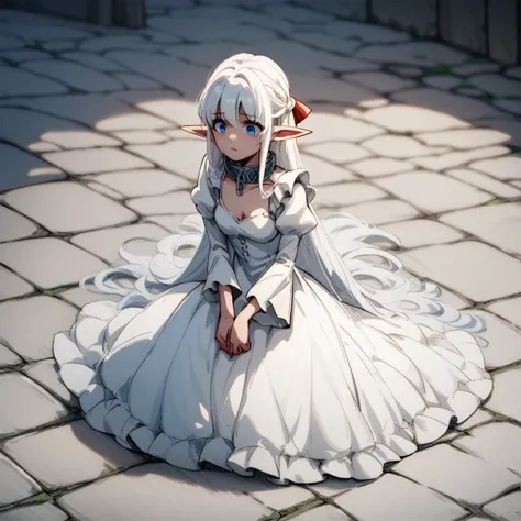 anime girl sitting on a stone floor with a white dress