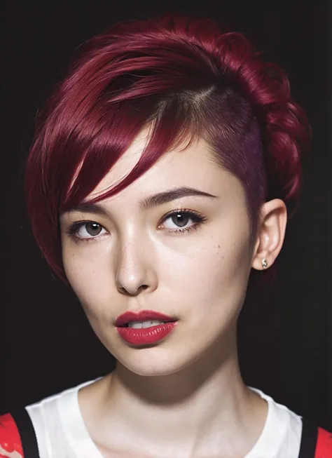 a close up of a woman with a red hair and a white shirt