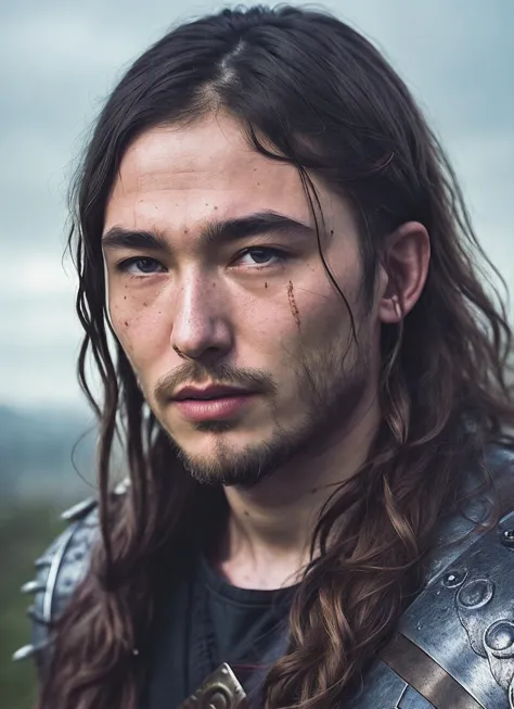 a man with long hair wearing a leather armor and a sword