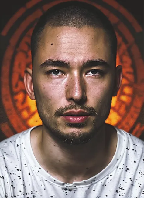 arafed man with a white shirt and a beard stares at the camera