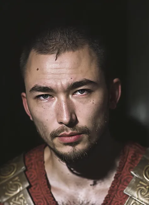 a close up of a man in a red and gold outfit