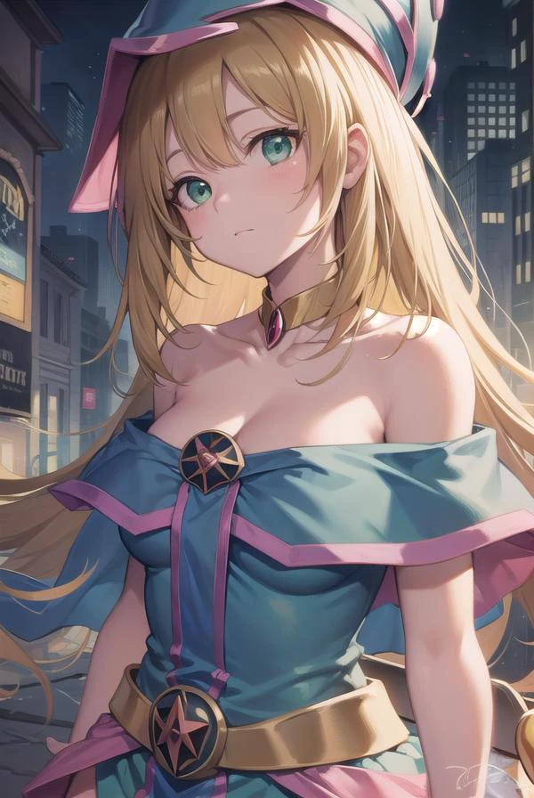 darkmagiciangirl, dark magician girl, blonde hair, choker, (green eyes:1.5), long hair,
BREAK bare shoulders, blue footwear, blush, blush stickers, cleavage, collarbone, duel monster, hat, off shoulder, pentacle, wizard hat, (blue clothes:1.5),
BREAK looking at viewer,
BREAK outdoors, city,
BREAK (masterpiece:1.2), best quality, high resolution, unity 8k wallpaper, (illustration:0.8), (beautiful detailed eyes:1.6), extremely detailed face, perfect lighting, extremely detailed CG, (perfect hands, perfect anatomy),