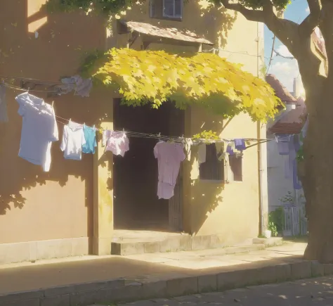 tree,no humans,scenery,outdoors,laundry,clothesline,building,window,sunlight,plant,leaf,door,house,clothes hanger,day,shadow,ani...