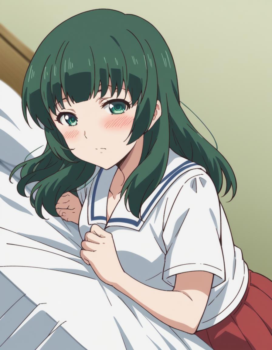 Anime girl with green hair and green eyes laying in bed - SeaArt AI