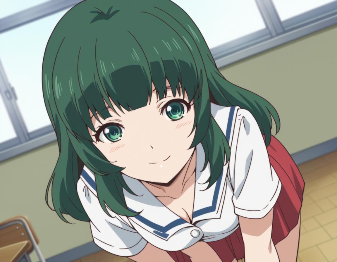 Anime girl with green hair and green eyes in a classroom - SeaArt AI