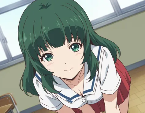 anime girl with green hair and green eyes in a classroom