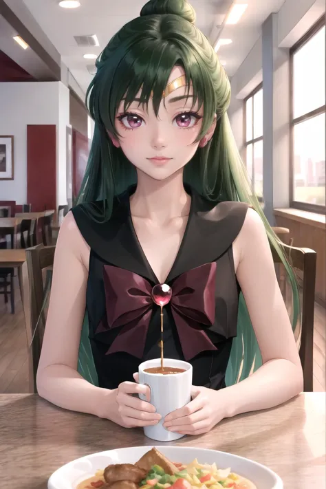 Highly detailed, High Quality, Masterpiece, beautiful, sailor pluto, single hair bun, tiara, <lora:sailormoon_sailorpluto:1>, food, simple background, elbows on table, cup, blurry background, indoors, upper body, <lora:Pos_AcrossTable:1>