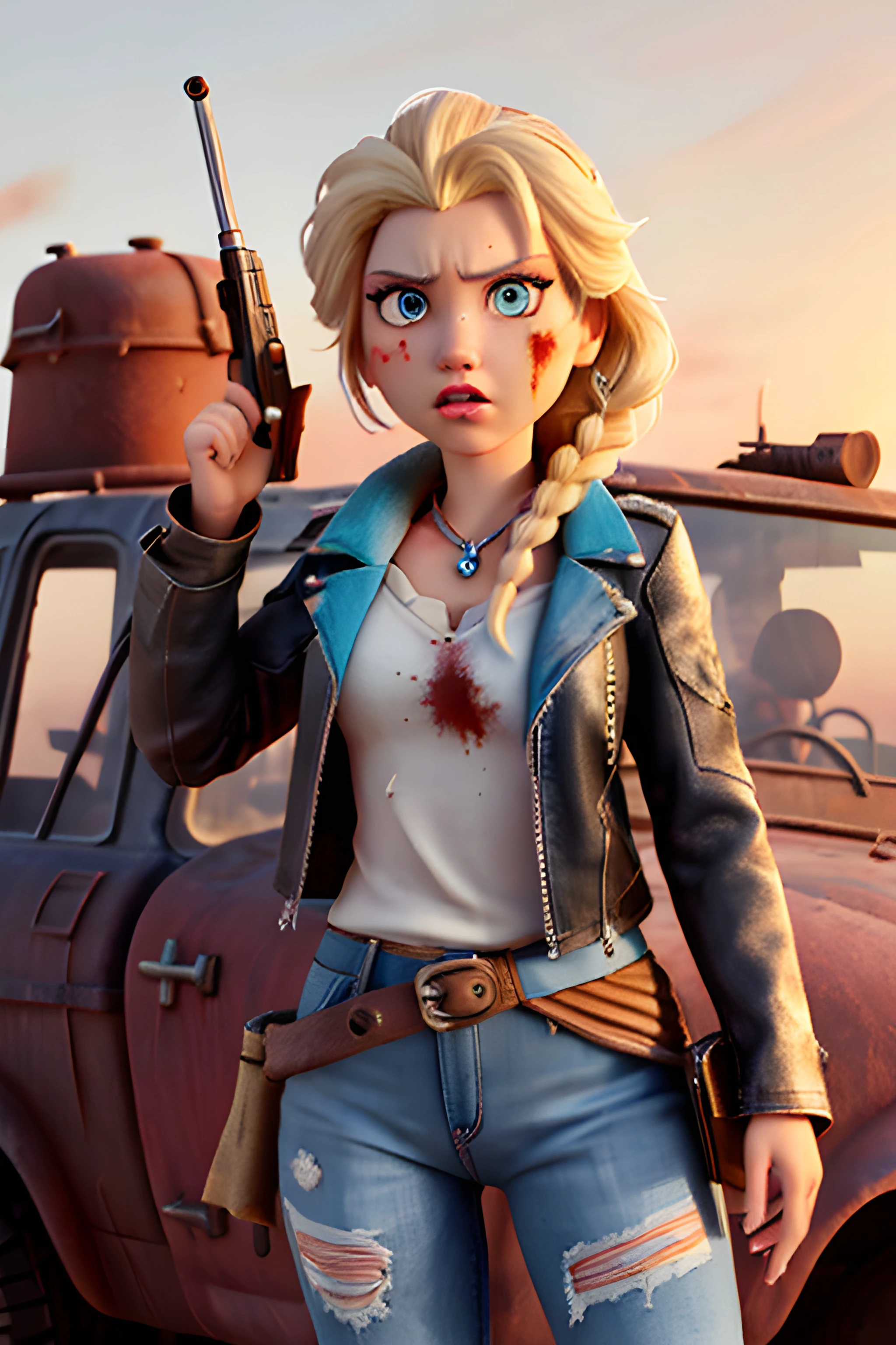 Elsa, from Frozen, in Mad Max Fury Road, schmutzig:2.5, staubig:.5, schmutzig, hohe Detailgenauigkeit, Wüste, (getragene schwarze Lederjacke):2.5, (schmutzig blue top):2, Jeans, (Kratzer, Schnitte, Prellungen; Prellungen):3, (getrocknetes Blut):3, Autos, (Post-apokalyptischen):2, filmisch, Aktionspose, dramatisch, ausfallen, grimmiger Ausdruck, (eine Pistole halten):2