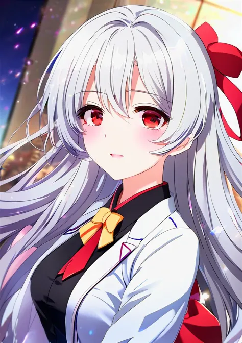 best quality,masterpiece,1girl,suit,white hair,red eyes,panorama,black bow,