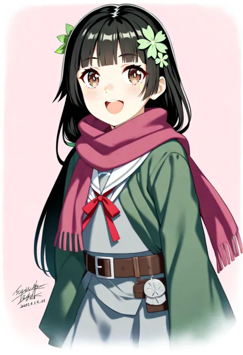 1girl, 
type 100 \(girls' frontline\), girls' frontline, 
simple background, uniform, belt, ribbon, brown eyes, hair ornament, type 100, solo, scarf, hair ribbon, blunt bangs, :d, serafuku, flower, collar, neck ribbon, long hair, pink background, green coat, coat, open mouth, looking to the side, hair flower, long sleeves, smile, grey serafuku, tsurime, school uniform, dated, signature, black hair, 
masterpiece, best quality, newest, absurdres, safe