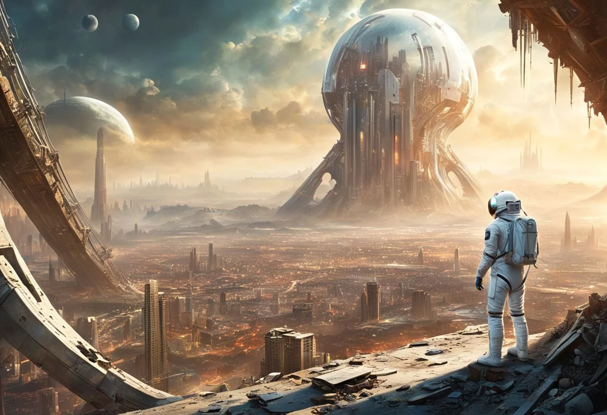 in foreground, view from behind, view from above, 2 human astronauts in a white spacesuit with a transparent helmet and backpack are standing and watching (the huge wide valley with enormous majestic magnificent amazing impossible very destroyed ruined sci-fi alien extraterrestrial city, ruined streets, ruined bridges and overpasses:1,3), (sci-fi cityscape, post-apocalyptic cityscape:1,5), amazing geometry, skyline, (the starry sky with moon, stars and entire constellations with galaxies , hyperrealistic, Milky way:1,5),
cinematic lighting, digital painting, bright colors, best quality, masterpiece