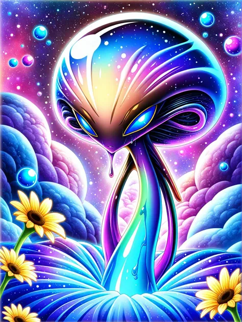 alien themed yellow and blue flower with dripping paint on it, anime, high detail . extraterrestrial, cosmic, otherworldly, myst...