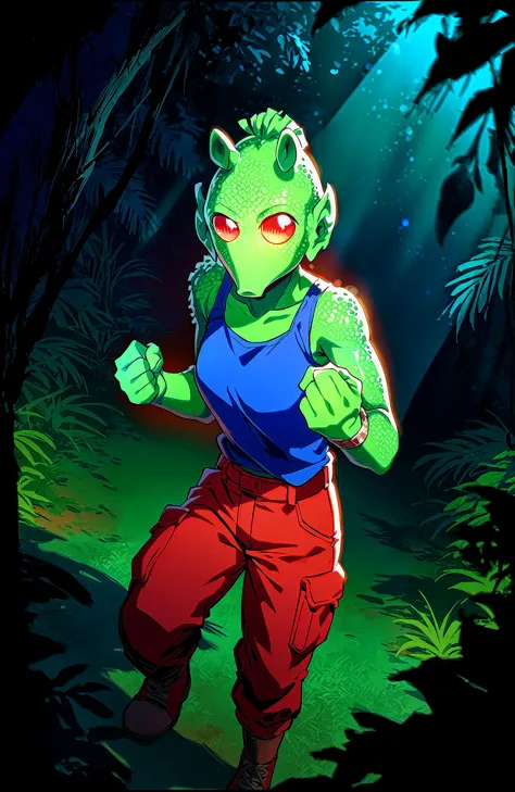 rodian alien woman,blue tanktop, red cargo pants,in the jungle,fists,green skin,snout, masterpiece, best quality, soft light, bokeh, real shadow, cinematic, subsurface scuttering<lora:RodianXL>,cinematic angle,foreshortening,dark,dark background,masterpiece,best quality,anime art style,