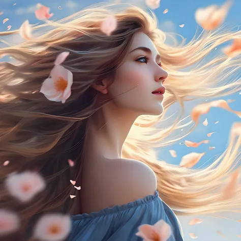 Long hair. Hair blowing in the wind. A profile. The sky. Flower petals flying in the wind. Loneliness. wind. Close-up. dynamic v...
