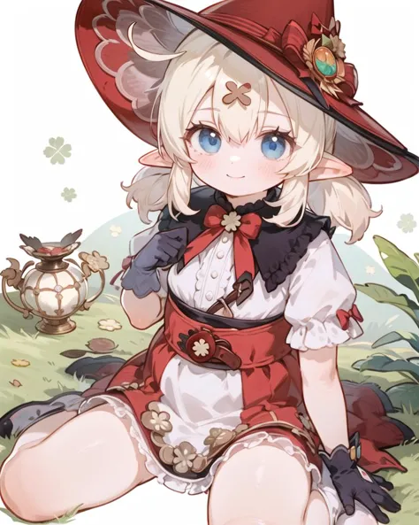 anime girl in a red hat sitting on the ground