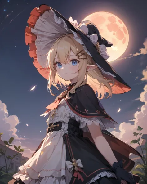 1girl, solo, standing, outdoors, night, red moon,  light smile, closed mouth, 
 <lora:monv_v2.4_lbw:0.8>, (dmy, capelet, dress, layered dress, frills, bow, witch hat, short sleeves, cross pendant), 
 <lora:klee-ex:0.4>, (klee-ex, blue eyes, blond hair, hair ornament, bangs, hair between eyes,  pointy ears, gloves),