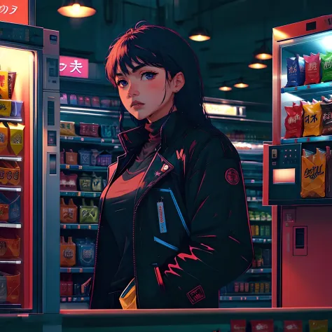 (high quality), vprwve_wnchlora, solo, looking at viewer, 1girl, jacket, vending machine, inside convenience store, (depth of field), <lora:vaporwave_lora:1>