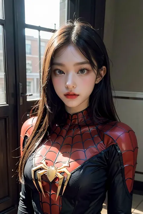 (masterpiece), best quality, perfect face, 1girl,  spiderman armor suit, <lora:nwjeans_haerin-02:1>