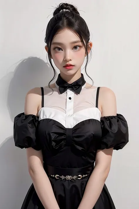 1girl, black  formal long dress,white background, <lora:nwjeans_haerin-02:1>