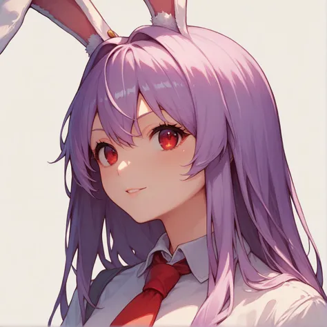 anime girl with long purple hair wearing a tie and bunny ears