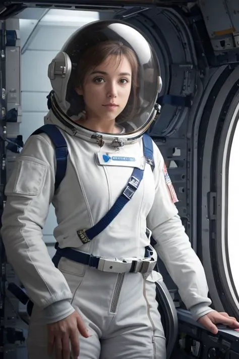 "A woman in a full astronaut suit in a space station module, her pose weightless and awe-inspired. Her makeup is non-existent, a...