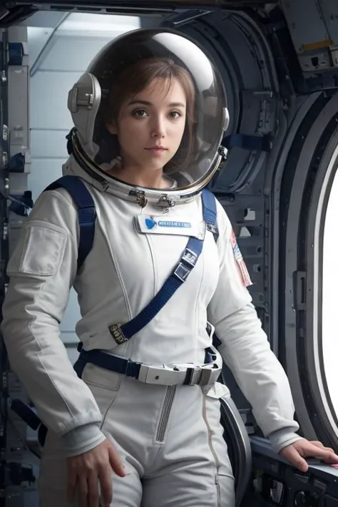 "Eine Frau in einem vollständigen Astronautenanzug in einem Raumstationsmodul, ihre Pose schwerelos und ehrfürchtig. Ihr Make-up ist nicht vorhanden, und ihr Haar ist unter dem Weltraumhelm verdichtet."