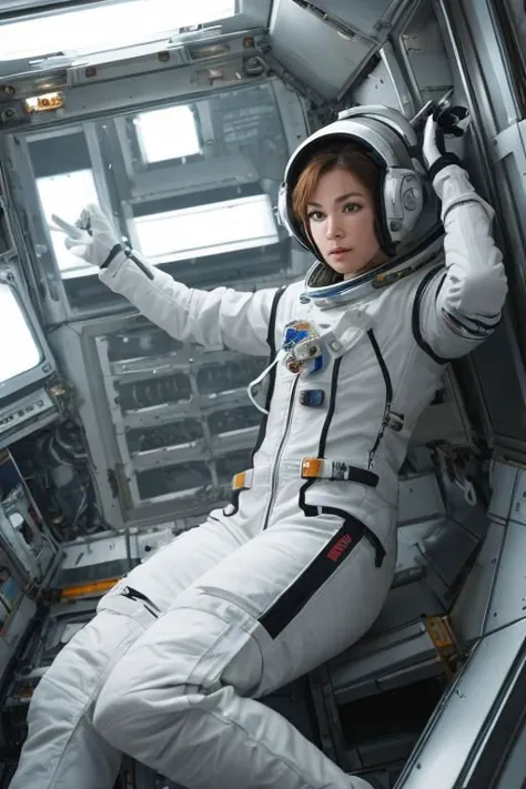 "A woman in a full astronaut suit in a space station module, her pose weightless and awe-inspired. Her makeup is non-existent, a...