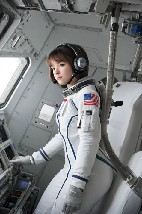 "A woman in a full astronaut suit in a space station module, her pose weightless and awe-inspired. Her makeup is non-existent, a...