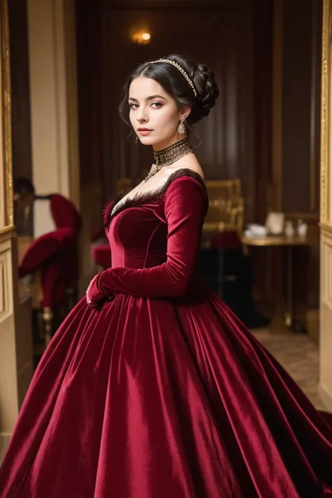 "A woman in a sumptuous velvet ball gown at a Victorian-era ball, her pose refined and graceful. Her makeup is period-appropriat...
