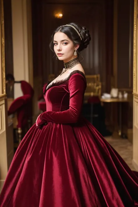 "A woman in a sumptuous velvet ball gown at a Victorian-era ball, her pose refined and graceful. Her makeup is period-appropriate, and her hair is styled in an elaborate updo with feathers."