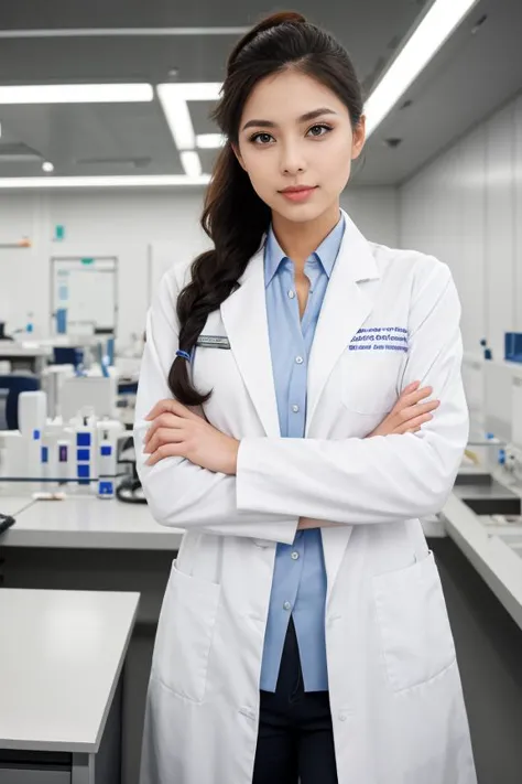 "A woman in a professional lab coat in a high-tech laboratory, her pose intelligent and inquisitive. Her makeup is understated a...