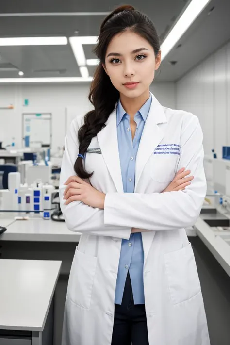 "A woman in a professional lab coat in a high-tech laboratory, her pose intelligent and inquisitive. Her makeup is understated and professional, and her hair is tied back neatly."