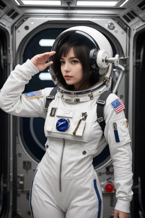 "A woman in a full astronaut suit in a space station module, her pose weightless and awe-inspired. Her makeup is non-existent, and her hair is compacted under the space helmet."