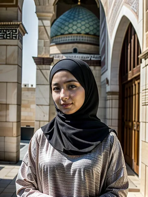 professional photo of a arabian beautiful woman (hijab) standing in front of mosque bring flower bucket, photoshoot