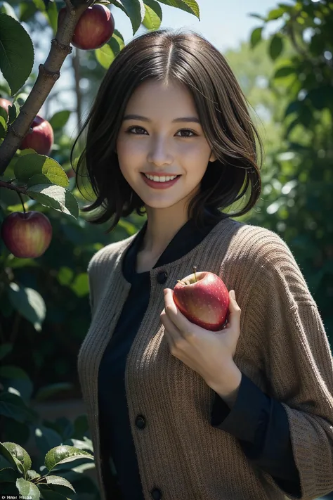 arafed asian woman holding an apple in front of a tree